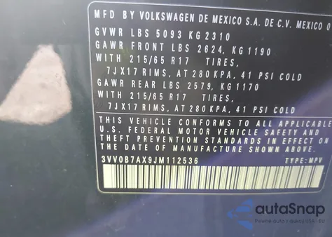 2018 Volkswagen Tiguan 2.0T S из США, поврежденный, VIN 3VV0B7AX9JM112536